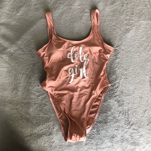 Rose gold w/ white lettering one piece swimsuit - Picture 2 of 6